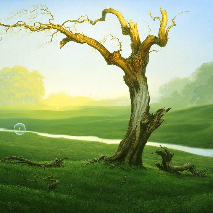 LEFT: Detail from THE CROSSING featuring a transparent sphere containing a solitary flame, floating over a fallen branch resting on plush green grass. The sphere intersects the line of a tiny stream that meanders off in the distance. To the left, mist rises off the softly rolling grass. In the distance, bushy topped trees stand hazy, shifting in hue to yellow on the right.  RIGHT: Detail from THE CROSSING featuring the leafless husk of a tree. The limbs are twisted bowing to the left. Several branches have splintered off and fallen to the ground where they lay on the plush grass. Below the branches, the trunk is mostly stripped of bark. Far afield, another sphere winks out in a subtle starbust that blends into the lemony wash near the horizon.