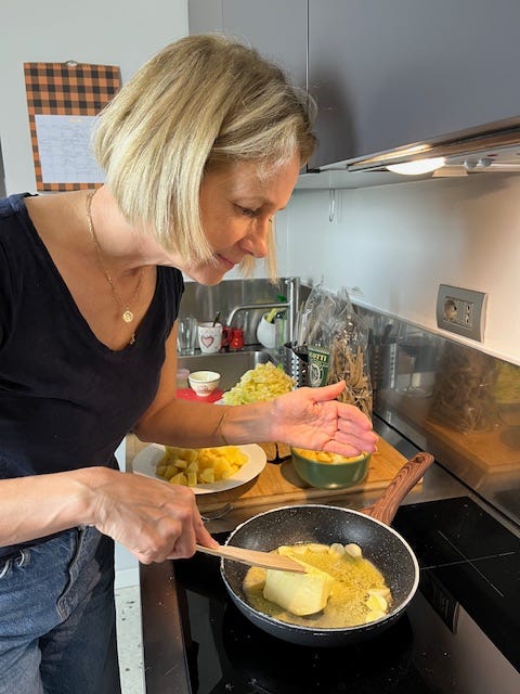 Top L: pasta for pizzocheri, Amelie has prepared the cheeses!, sauteeing the sage and garlic in butter, cin-cin!