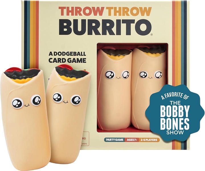 From left: The game case for Overcooked and Overcooked 2, and the package for Throw Throw Burrito.