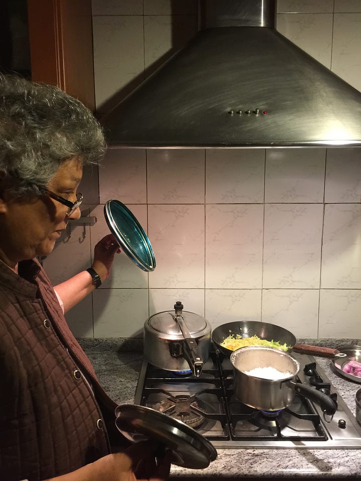 Image 1: white bowl filled with rajma dal on a brown wood placemat; Image 2: Punna, an Indian woman in her 70s, stands in front of a 4-burner stove with 2 silver pots and a sauté pan cooking rajma dal and rice.