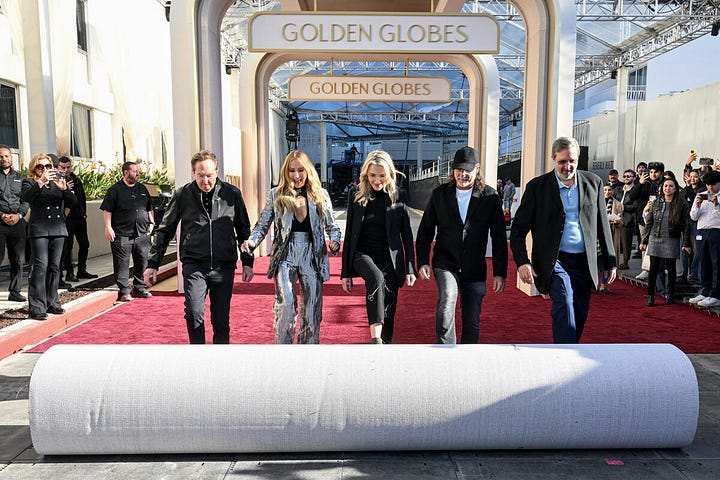 Nikki Glaser, Glenn Weiss, Ricky Kirshner, Helen Hoehne, Barry Adelman (Courtesy of Golden Globes and Getty Images)