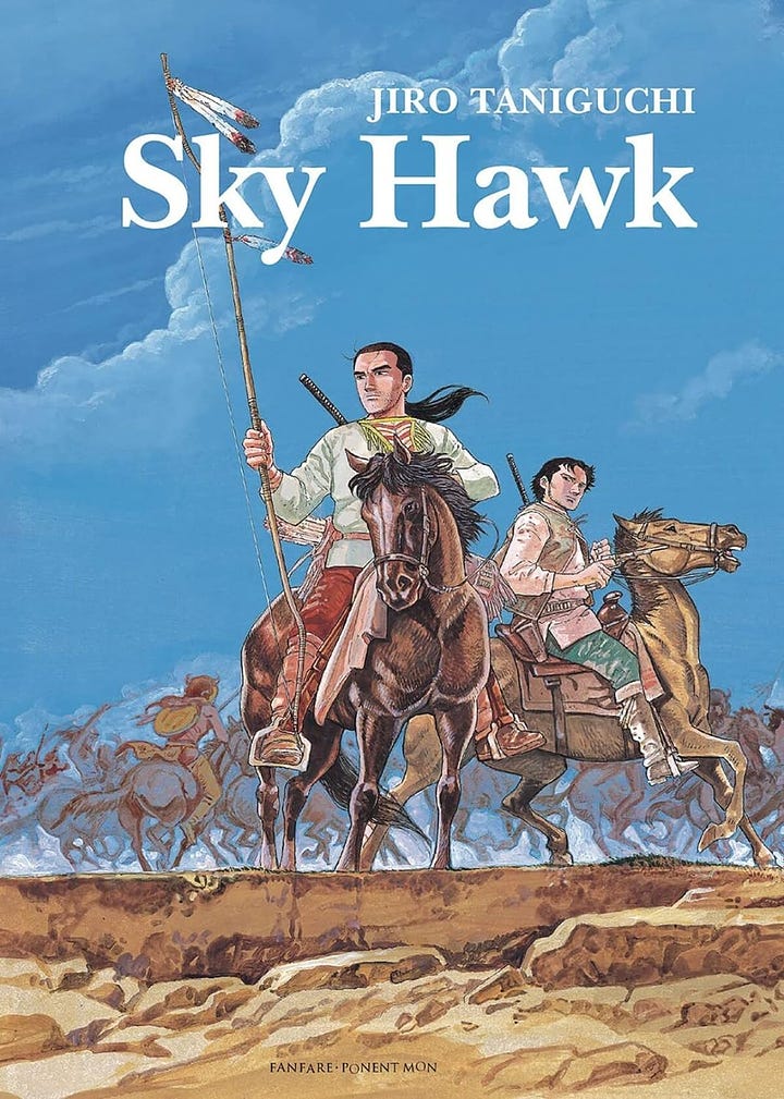 Book covers of "Guardians of the Louvre", "The Ice Wanderer and Other Stories", "A Journal of My Father", "Sky Hawk", and "A Zoo in Winter" by Jiro Taniguchi