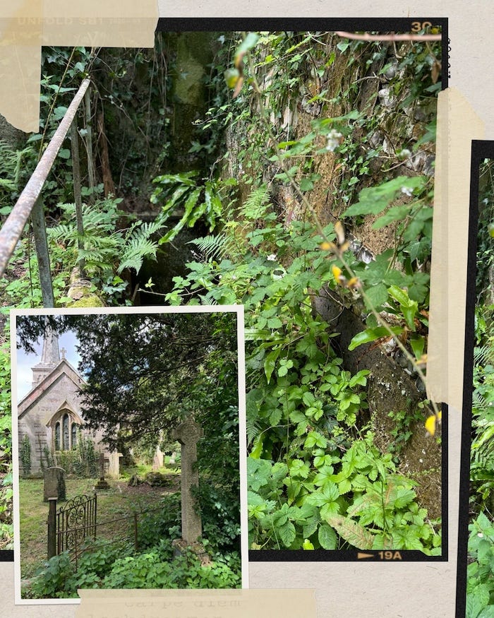 The images feature the outside of a derelict church and weathered gravestones in the grass, evoking a sense of tranquility and reflection on life.