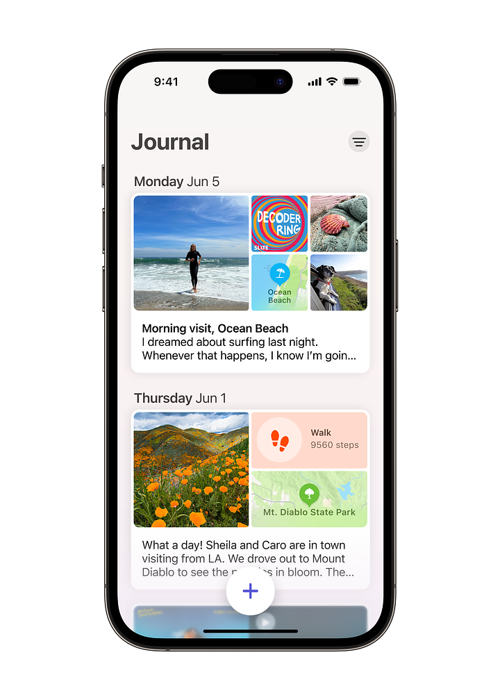 Apple iOS 17 Journal app screenshots