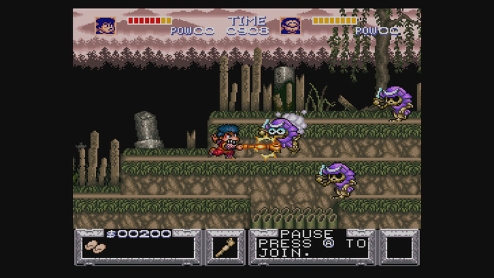 A series of screenshots of Goemon attacking various enemies in different environments. The first in a village, with his pipe, with a very expressive, eyes-bugging-out foe getting whacked. The second with Goemon running toward enemies in kabuki makeup, eyes closed. The third with Goemon, armed with the longer pipe, smacking an armored skeleton, whose eyes, otherwise not visible, are also bugging out. And last, Goemon attacking a clown in kabuki makeup at the amusement park. The screenshots are all a bit dim, as they were taken from the Wii U emulator, and not actual SNES hardware.