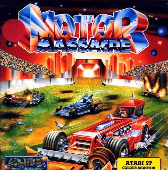 Motor Massacre's Atari ST cover shows a bunch of cars modified for destruction, driving around an arena already full of holes caused by explosions and cars on fire. There's a huge crowd watching it all happen. Road Raider's Commodore 64 cover features a man in a leather jacket with a spiked shoulder pad, shotgun strapped to his back, in the background. The foreground features a car outrunning an explosion, and another car blasting off behind it, with fire trailing out the back.