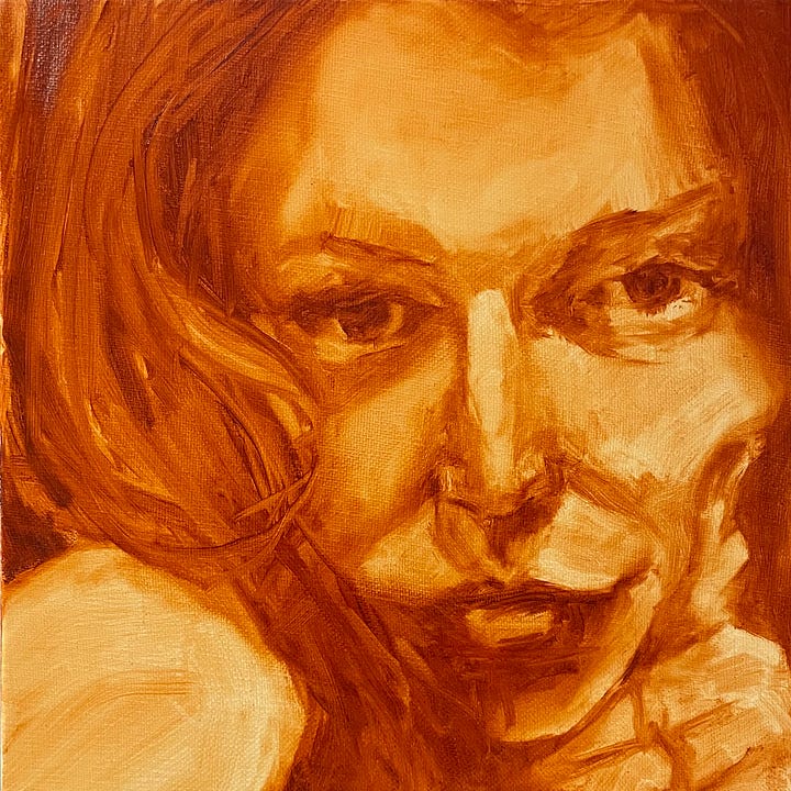 Under painting for an oil painting in a rust orange color called Transparent Red Oxide of a face starring out of the picture and a pencil drawing of the same image