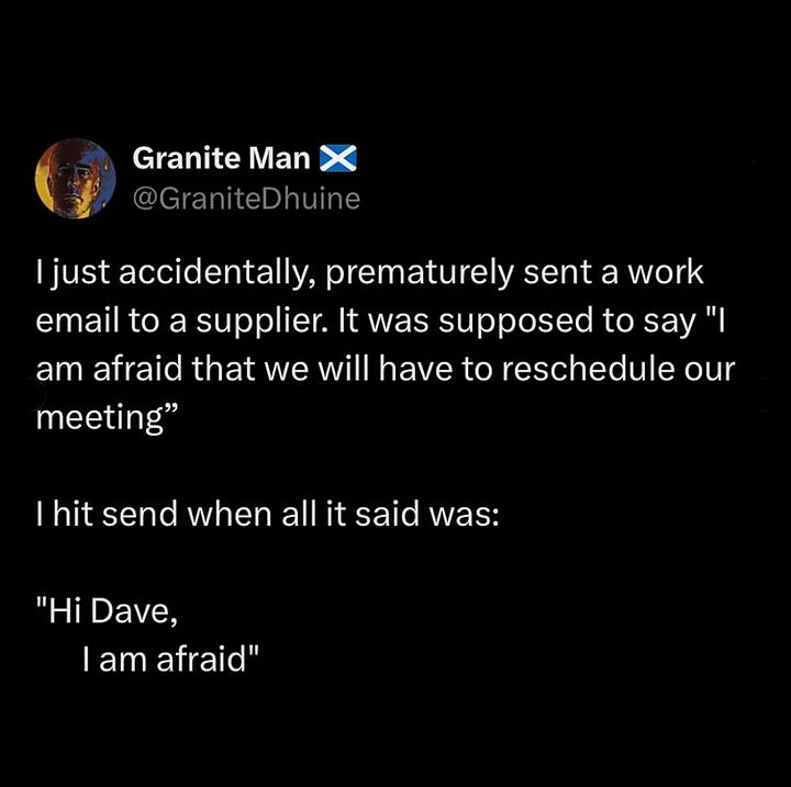 The first image is a tweet from @GraniteDhuine saying: I just accidentally, prematurely send a work email to a supplier. It was supposed to say "I am afraid that we will have to reschedule our meeting." I hit send when all it said was: "Hi Dave, I am afraid". The second image is a screenshot saying: so accidentally signed off a work email "Should you have any questions, please don't. Hesitate to ask." this is new me now. The person posting, @Tarja_pk says "giving me ideas".