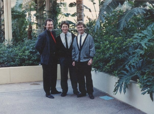 left: Billy Joel on the cover of 52nd Street; right, Arizona All-State Jazz Festival, 1990: Director Tom Dustman, me, and my classmate, Adrian Blanco