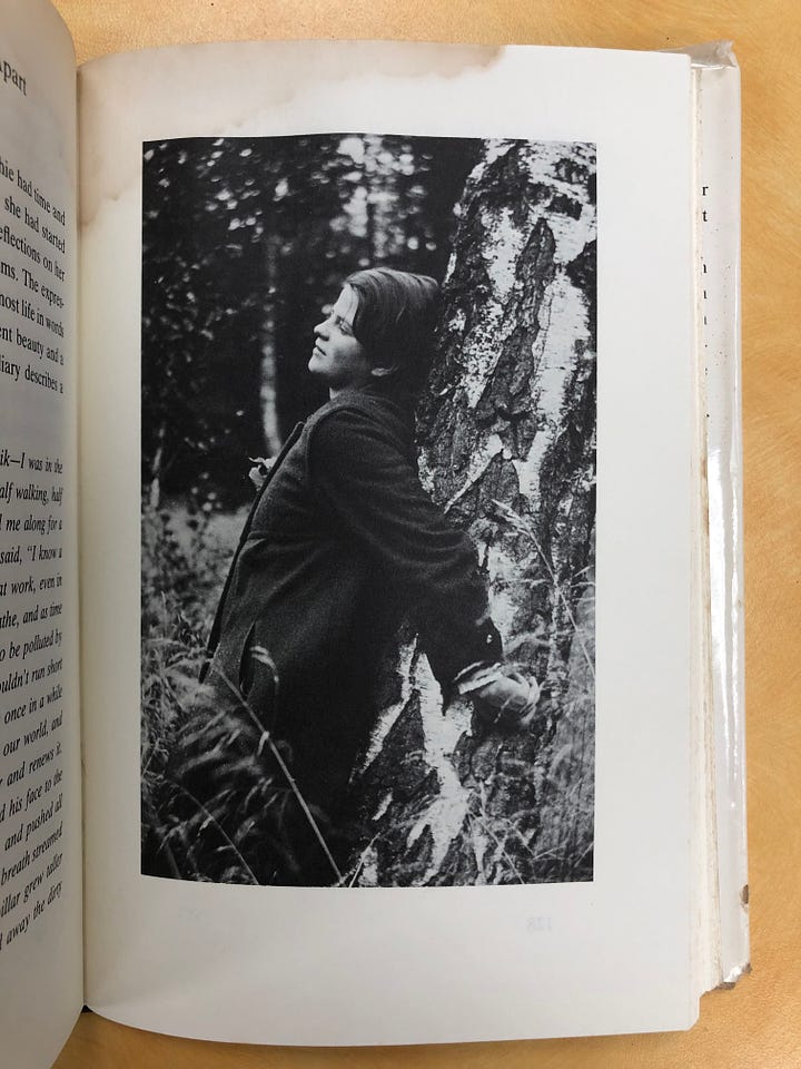 Two images -- the first a picture of a photo from the Hermann Vinke book, showing Sophie Scholl leaned against a tree, her arms reached backwards to hug it; and the second a drawing Sophie had done of a girl with her back to the viewer, leaned on one arm and looking down at something we can't see.