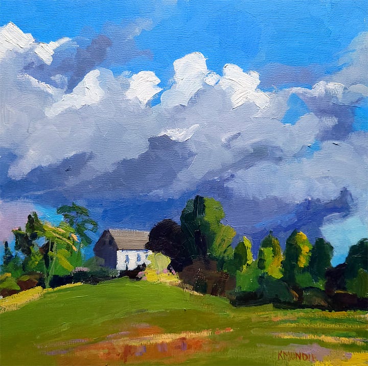 two still life paintings of flowers and two Delaware landscapes by Kate Kern Mundie