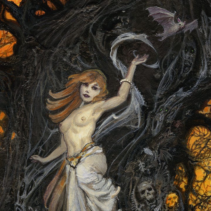 LEFT: Detail from ALL SOULS EVE featuring a redheaded posed against a dark backdrop of ghastly faces. Cobwebs stretch behind her and swirl around her upraised hand as a gray bat flies off with an "abracadabra" flourish. The sorceress is bare-chested wearing long white skirts with a red and yellow belt that dips in a V. RIGHT: Detail from ALL SOULS EVE featuring the skirts of the redheaded sorceress blending with the ghastly faces of the backdrop.