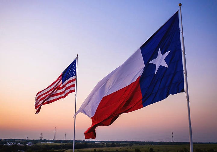 Left image of enormous US flag, on a pole, alone; Right image of larger Texas flag flying next to smaller US flag.