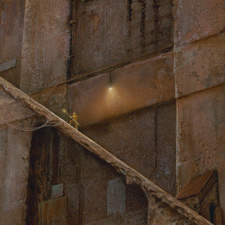 LEFT: Detail from LE CHEMIN ALLUMÉE featuring a tiny figure with a light at the end of a curling staff making their way up a long ramp. The enormous weathered edifice is made up of enormous switchbacks. Yellow lights illuminate the top of each ramp with the exception of one, which is lit by a larger rectangular white light source. RIGHT: Close detail from LE CHEMIN ALLUMÉE featuring a tiny figure with a light at the end of a curling staff. The ramp is pitched at a 45°, such an extreme angle that his lead foot is much higher than his back as he scales the slope with both hands on the staff.