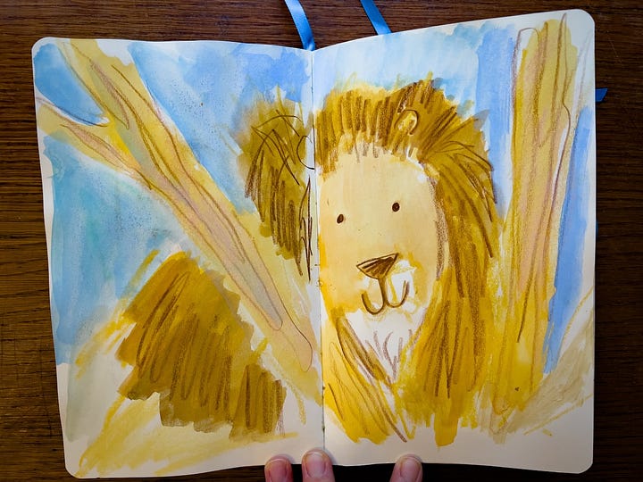 sketchbook paintings of lions, crocodile, and a still life by Beth Spencer