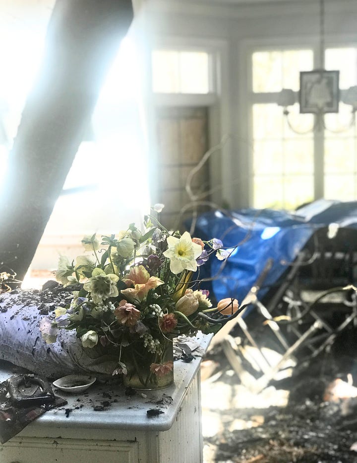 A flower arrangement of hellebores and daffodils sits in the charred remains of a burned house.