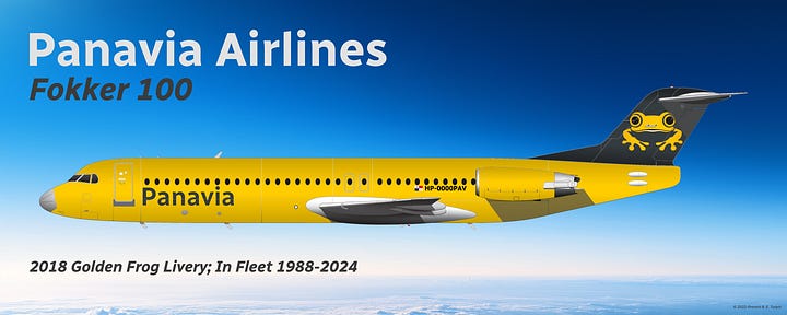 Panavia Fokker 100 in (L) 1988-2018 livery and (R) 2018-2024 Golden Frog livery, both shown in side view.