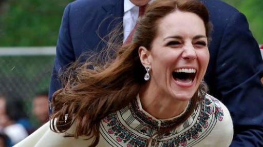 Catherine, Princess of Wales in full royal regalia. Princess Kate laughing in a Fair Isle sweater