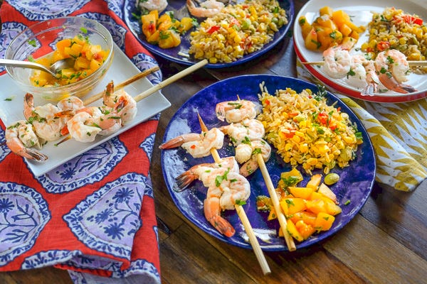 Garlic Shrimp and Tofu Veggie Skewers with Tropical Salsa, side of Sweet Corn Pilaf