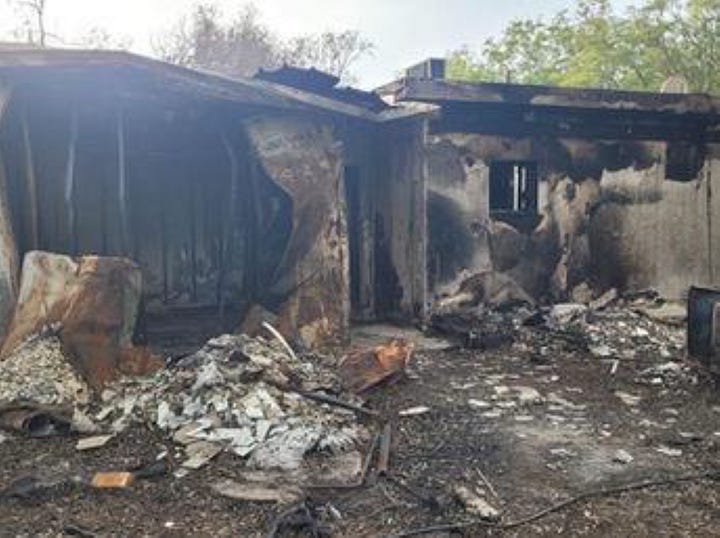 Left: photo of European town destroyed by pogrom in 19th century; right, Israeli kibbutz destroyed by terrorists on Oct. 7, 2023.