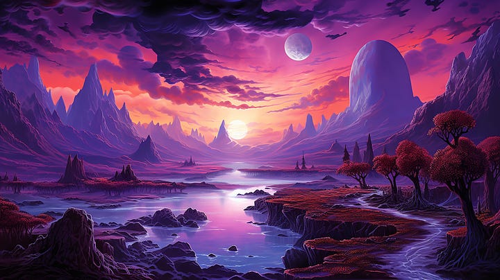 SDXL vs Midjourney: Painting of an alien world with a purple sunset