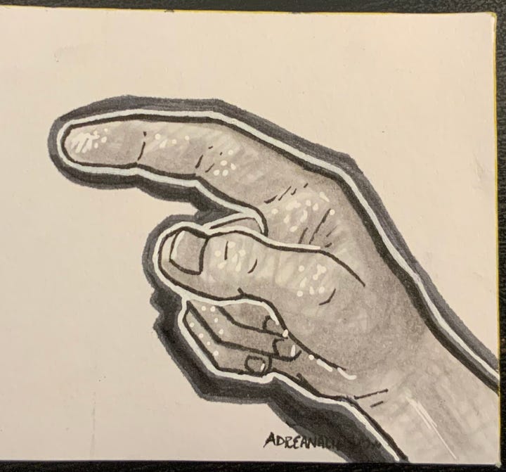 A relaxed "G" handshape from pencils to near-final art.