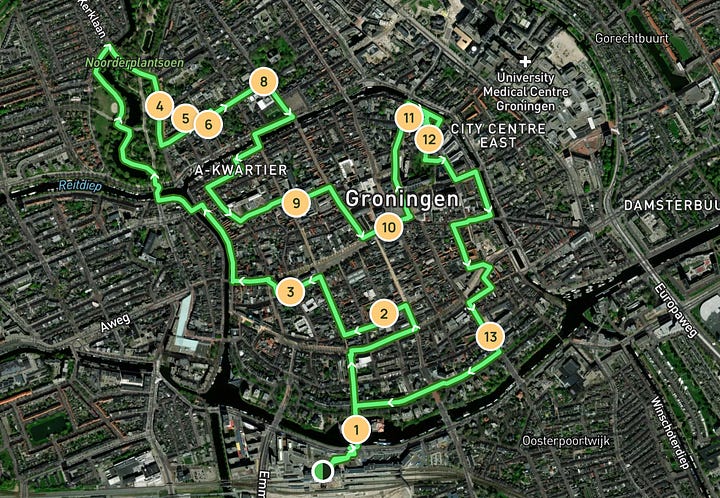 First image shows a lovely view od some greenery in the city centre of Groningen, and the second image offers the route on the map