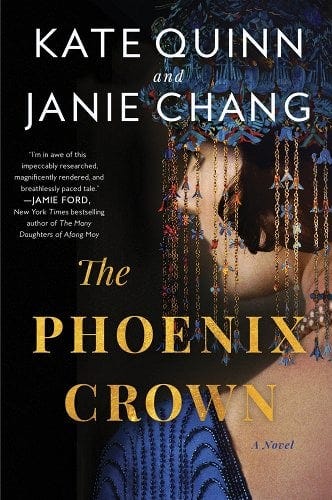 book covers for The Briar Club (gold with keyhole showing floral wallpaper behind it) and The Phoenix Crown (woman behind a beaded curtain)