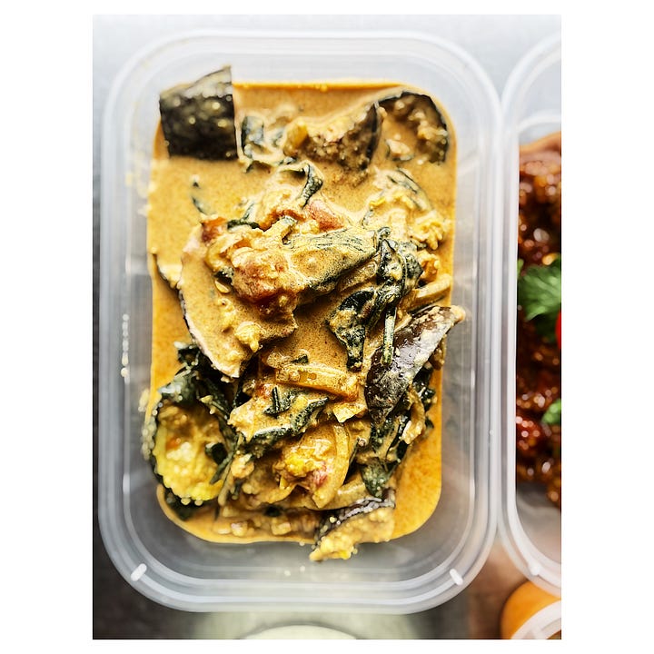 2 images side by side. On the left is a Fish Curry made with the Peanut & Sesame Masala Sauce on the left a vegetable version of the same dish. Both are rich golden brown in colour and show rectangular dishes holding each curry.