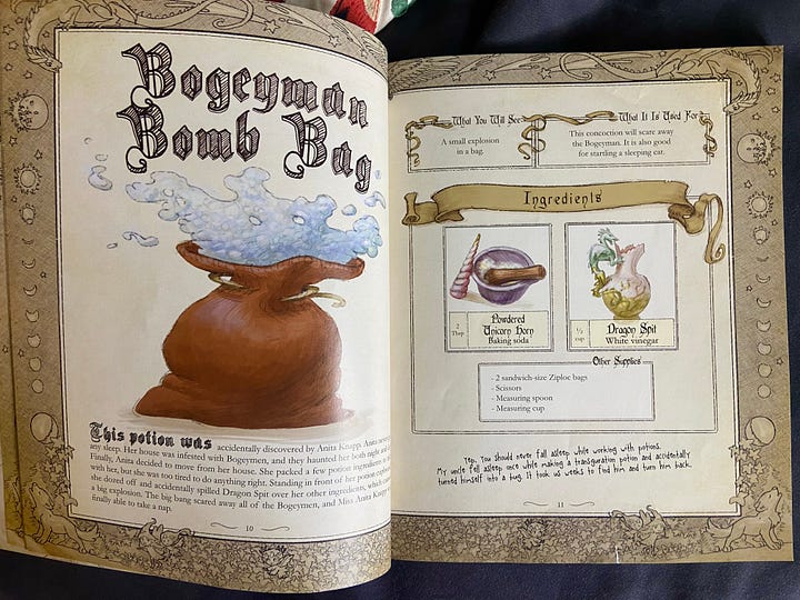 4 images: The cover of Wizards Workshop Science Activity Book, a recipe for Bogeyman Bomb Bag from the book; the cover of "A Field Guide to Fantastical Beasts."; A seal set with a Hogwarts seal.