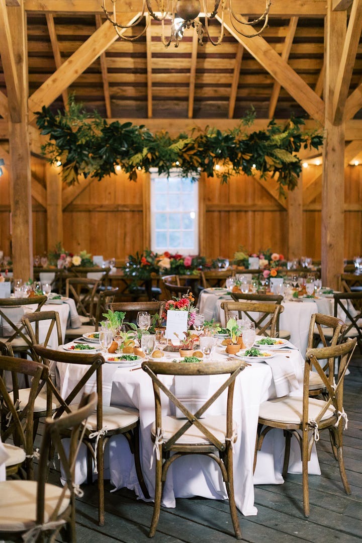 Image gallery of food at a wedding with lots of flowers in a barn.