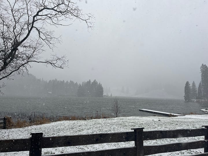 High up in the mountains lake snow