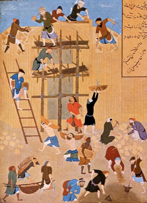 1. A hunting scene 2. Harun al-Rashid and the barber, interior of a Hammam 3.Construction of a Palace in Herat 4. The elders plea with the king to forgive his son