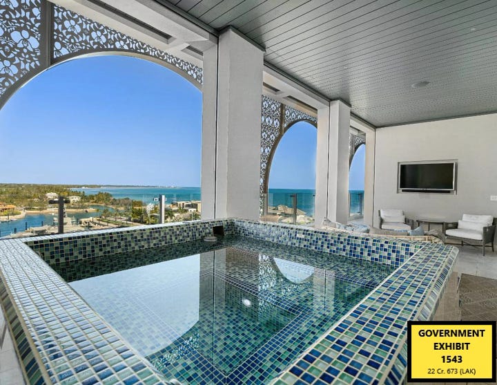 Four photos of the luxury apartment in The Bahamas, which is by all appearances enormous. It has marble floors, incredible views, a large outdoor space with a pool overlooking the city, an indoor/outdoor room with a blue tiled hot tub, and a media room with purple walls and carpet and purple lighting overhead.