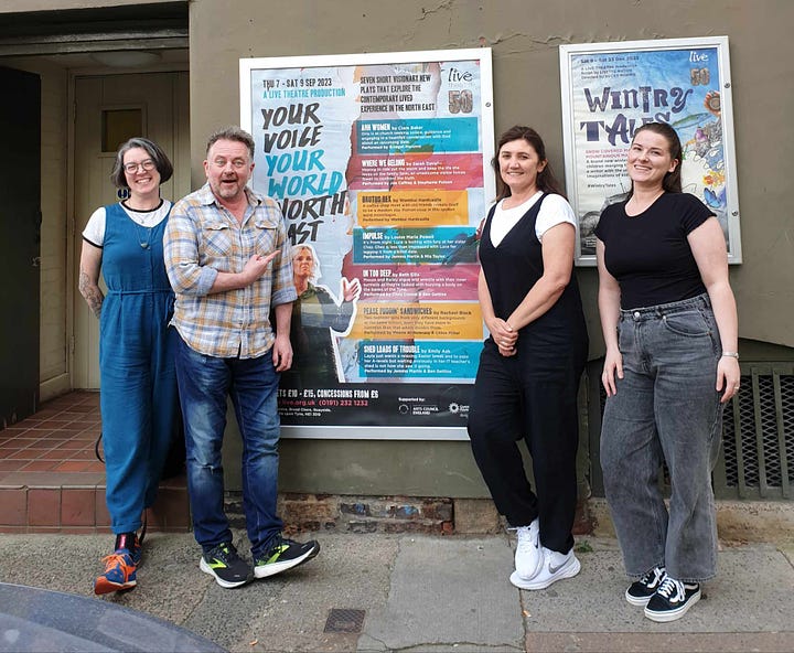 Top left. Sarah stands outside Live Theatre with Joe, Steph and Jess by a poster of her play. Sarah stands outsdie Northumbria University holding her Northern Writers Award certificate. Joe and Steph are onstage acting in Sarahs play at Live Theatre. Sarah is interviewing Caroline at the launch of Mothtown, while a screen behind them projects live illustrations by Chris.