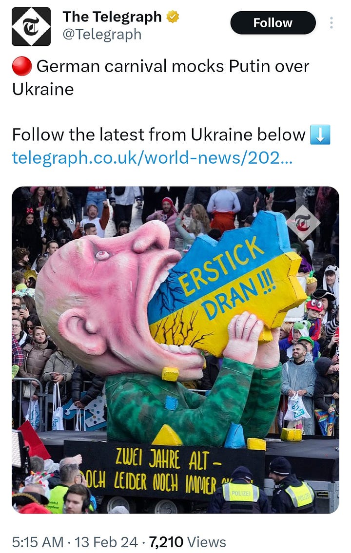 The German Carnival floats included Donald Trump cutting a U.S. flag into a swastika, Donald Trump stabbing a Ukrainian soldier in the back, Hamas terrorist pushing a Palestinian family in front of Israeli tank, Vladimir Putin eating the nation of Ukraine, Vladimir Putin getting a blow job from Patriarch Kirill, and Volodymyr Zelenskyy clutching an army helmet.