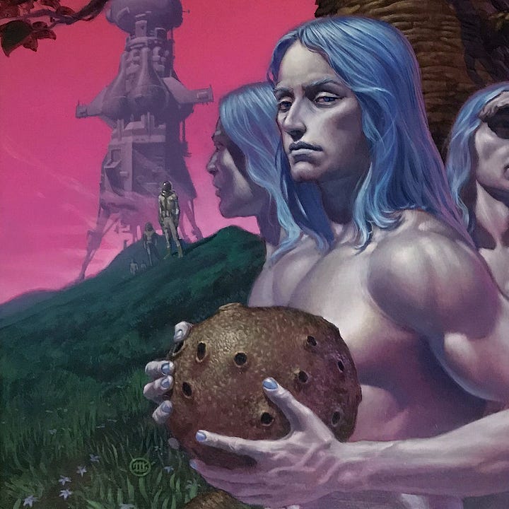 LEFT: Detail from THE PEREGRINE featuring a trio of men with pale skin and white hair with a slight tint of blue. The most prominent glances at the audience with side eye. In his large hands, he holds an earthy brown with shadowy craters on its surface, which resembles a moon but appears organic. RIGHT: Close detail from THE PEREGRINE featuring men in spacesuits standing on a grassy hill in the distance as they peer over at the trio of pale skin humanoid aliens.