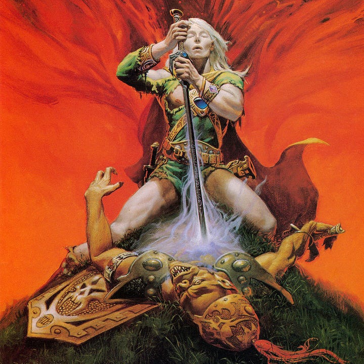 LEFT: Detail from WHITE WOLF featuring Elric straddling the body of an orcish foe while Stormbringer extracts its soul. Tendrils of lavender energy stream up from the ground to the runed blade. RIGHT: Close detail from WHITE WOLF featuring the abstract demonic faces rendered dark against orange in the background behind Elric. They flow up and out in a fan shaped, an inversion in shape of the lavender tendrils drawn from the body into the sword.