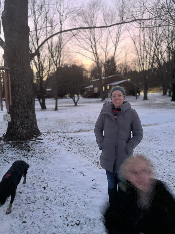 A sunset through the trees / Showing off a jean jacket full of enamel pins / Snowfall over the road and forest / Bundled up in the backyard snow with a dog and kid
