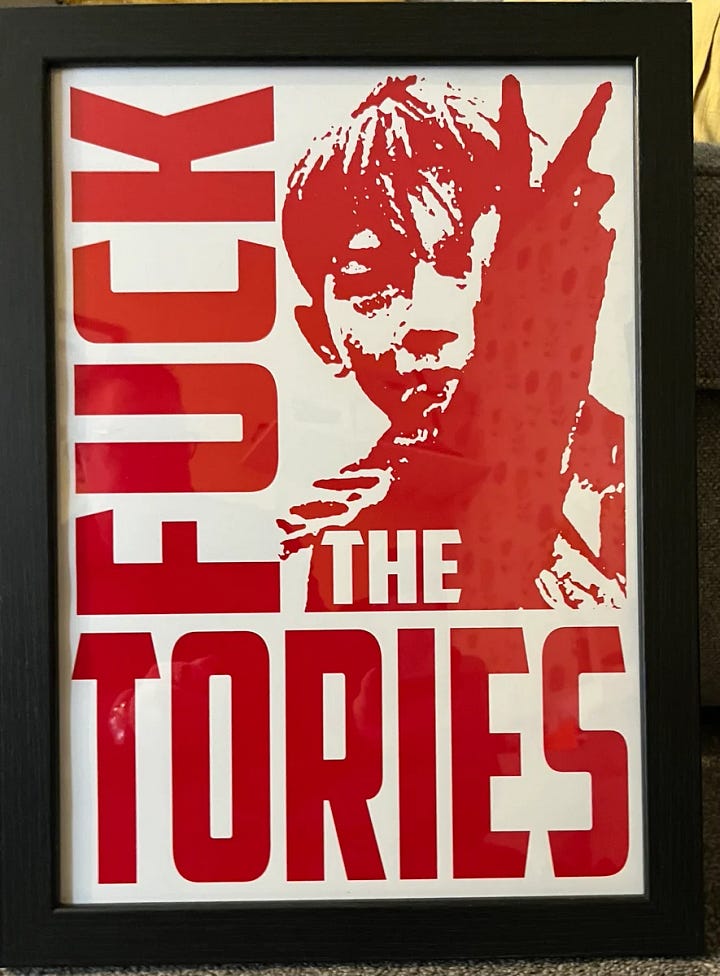 Left: Stu at Leeds LitFest 2023, rocking the Memorial Device It's Not Easy Being Iggy In Airdrie shirt. Right" Kes 'Fuck the Tories' meme