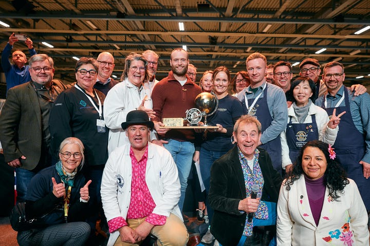 Four images showing food broadcaster Nigel Barden at the World Cheese awards in Trondheim, Norway. He is pictured with cheese makers and award winners