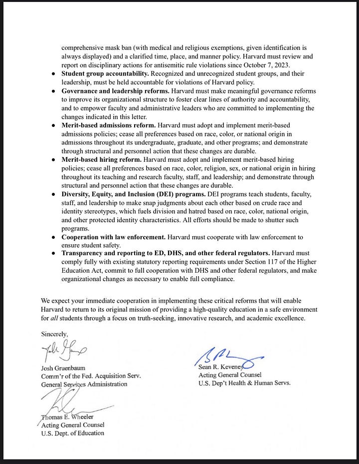 Federal Government Letter to Harvard