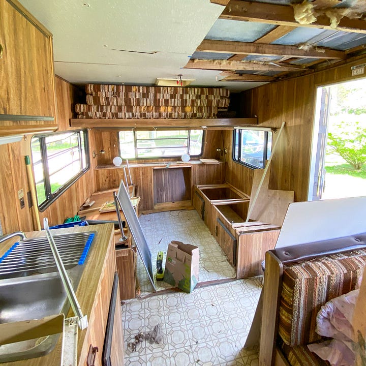 before and after pictures of vintage trailer interior renovation