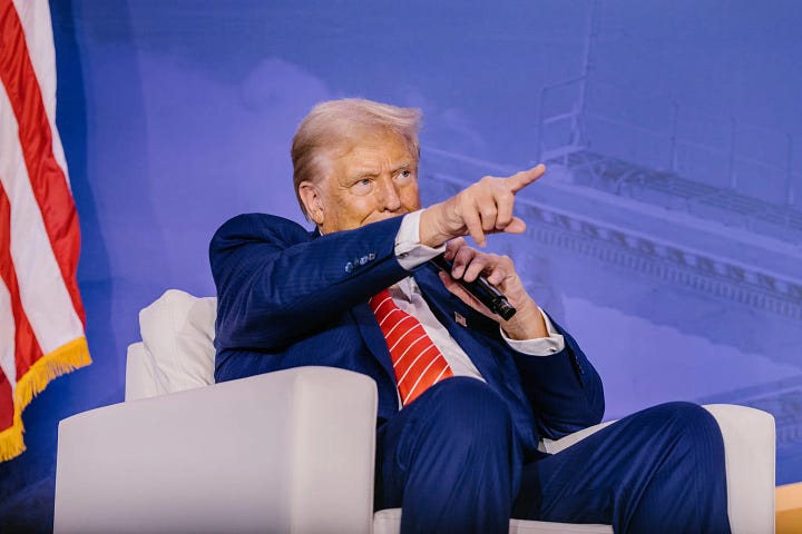 Left: Republican presidential candidate and former U.S. President Donald Trump gestures at a campaign event ahead of the Republican presidential primary election in North Charleston, South Carolina, U.S. February 14, 2024. Photo: Sam Wolfe/Reuters. Right: Jason Andrew for The New York Times. 