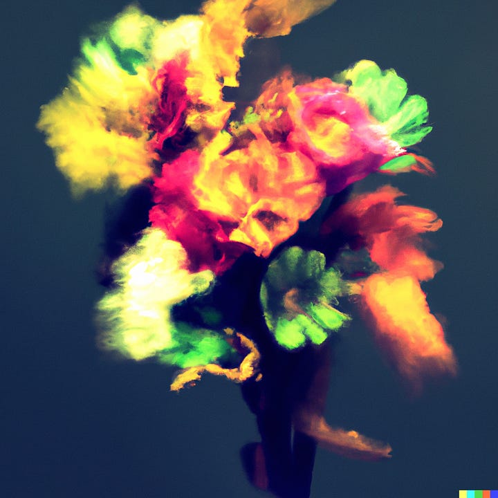 Two pictures side by side - one of a single colorful flower and the other of a bouquet of flowers. Both images are strange and surreal because they were made using AI. 