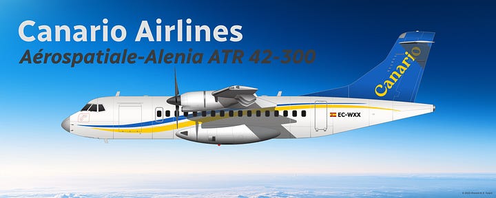 The current Canario Airlines fleet: 1) Aria T102 Transonic; 2) Aria V42 VTOL; 3) Aria V42qc Quick Change Combi VTOL; 4) ATR 42-300; and 5) Embraer E195.