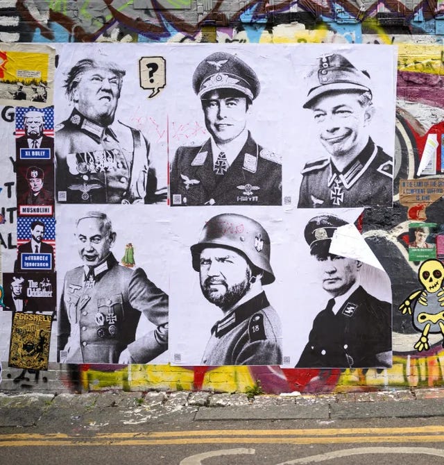 4 pictures of balck and white posters depicting Trump, Musk, JD Vance, Nigel Farage, Netanyahu, and Putin in Nazi uniforms