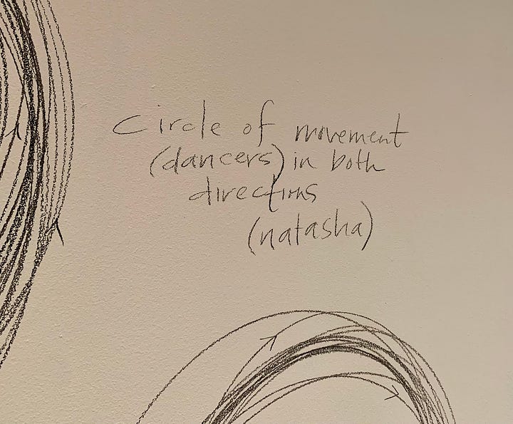 Writing and drawing on a wall answers the question, "What is the shape of time?" Answers are a spiral stretching in both directions, a stream going forward, and a circle of movement (dancers) in both directions.