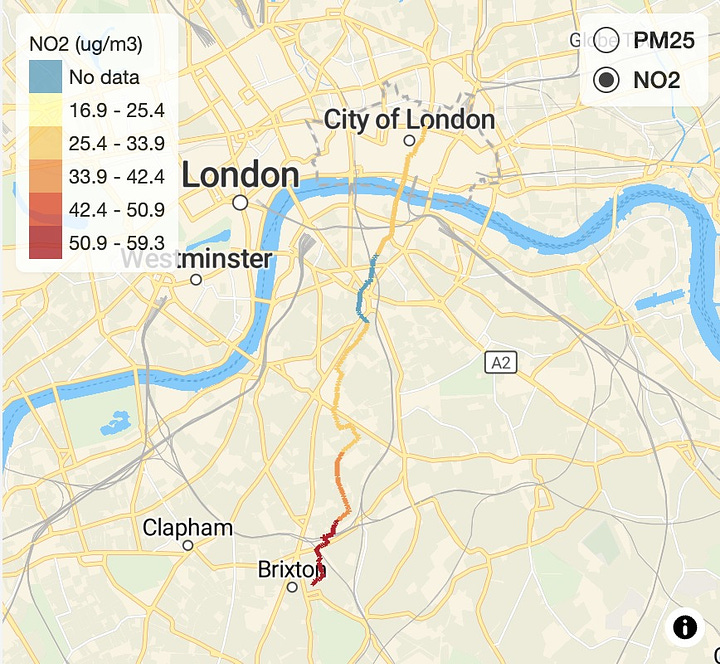 Two maps showing air pollution concentrations on a cycle route from Brixton to central London