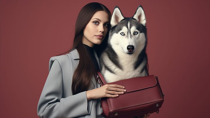 Ridiculous AI images of a husky in a handbag and a Chihuahua pulling a sled.